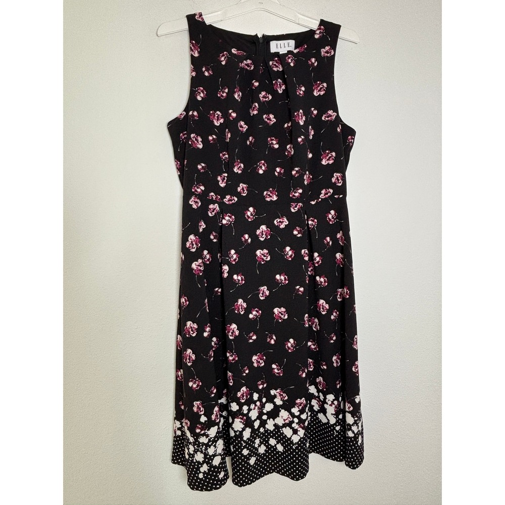 Elle‎ Womens Floral Polka Dot Fit and Flare Dress Black Pink Sleeveless Large